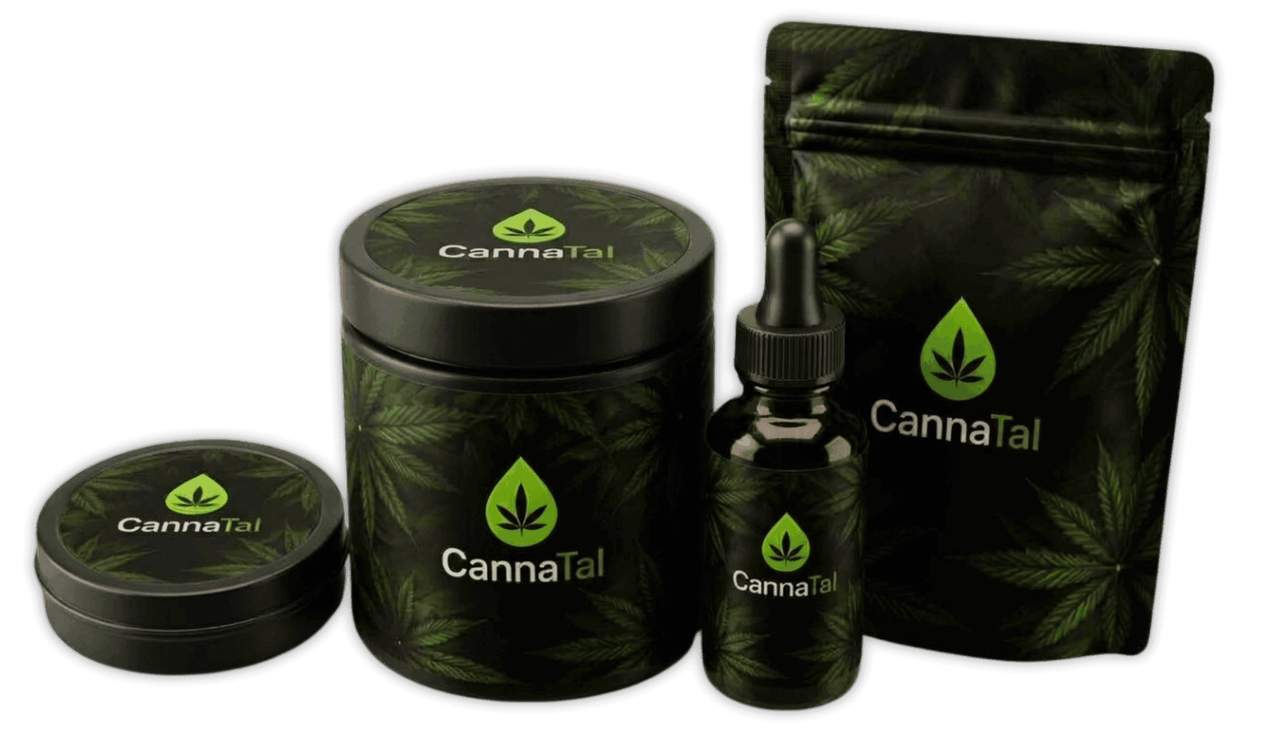 KI-generiert: Vier Cannabisprodukte mit grünem Blattlogo und der Marke CannaTal auf schwarzem Hintergrund